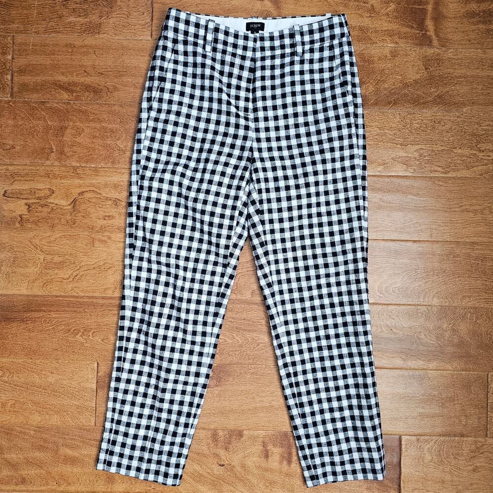 EUC J. CREW Navy-White Checkered Gingham Linen-Cotton Lined Holland Pants 0 - Picture 2 of 9